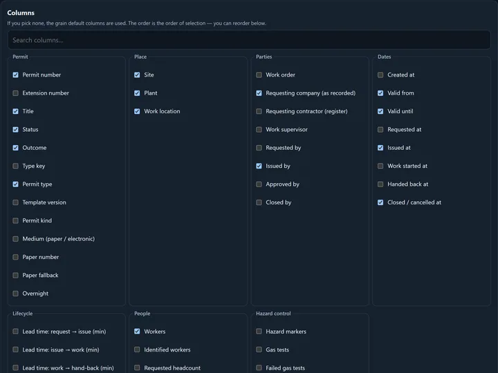 The export column picker: column groups with checkboxes, a column search box, and the order of the chosen columns with up and down arrows.