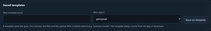The Saved templates card: the New template name field, the Who sees it selector and the Save as template button.