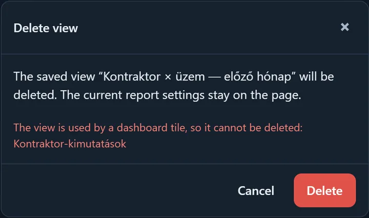 Deleting the view is refused: a dashboard tile uses it, and the dialog names the dashboard
