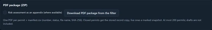 The PDF package (ZIP) card: the View selector, the checkbox for the risk assessment as an appendix, the Download PDF package from the filter button and the explanatory text.