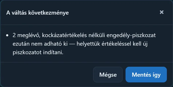 A váltás következménye ablak: 2 meglévő, kockázatértékelés nélküli engedély-piszkozat ezután nem adható ki — helyettük értékeléssel kell új piszkozatot indítani; alul a Mégse és a Mentés így gomb.