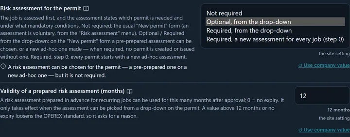 The Risk assessment for the permit row with its picker opened: Not required, Optional, from the drop-down (selected), Required, from the drop-down, Required, a new assessment for every job (step 0); on the left the explanation and below it the sentence of the chosen option: a risk assessment can be chosen for the permit — a pre-prepared one or a new ad-hoc one — but it is not required. Below, the Validity of a prepared risk assessment (months) row with 12; both rows come from the site setting, with a Use company value link.