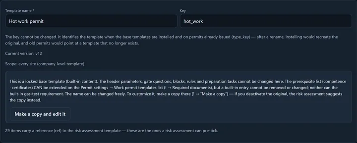 The header of a locked built-in base template (hot work permit): the template name and key, the current version and the scope; below it the box that says what is locked and what can be extended, and the Make a copy and edit it button; at the bottom, how many items carry a reference to the risk assessment template.