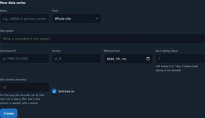 The New data series form: label, plant, description, document ID and version, effective date, backdating (days) and edit window (minutes).